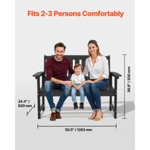 outdoor bench, 50.5 inch, 800 lbs weight capacity for 2 3 persons, weatherproof plastic frame with backrest and wide armrests, outside bench for patio, garden, park, yard, front porch, black