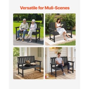 outdoor bench, 50.5 inch, 800 lbs weight capacity for 2 3 persons, weatherproof plastic frame with backrest and wide armrests, outside bench for patio, garden, park, yard, front porch, black