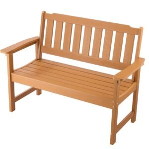 Outdoor Bench, 50.5 inch, 800 lbs Weight Capacity for 2-3 Persons, Weatherproof Plastic Frame with Backrest and Wide Armrests, Outside Bench for Patio, Garden, Park, Yard, Natural Wood Color