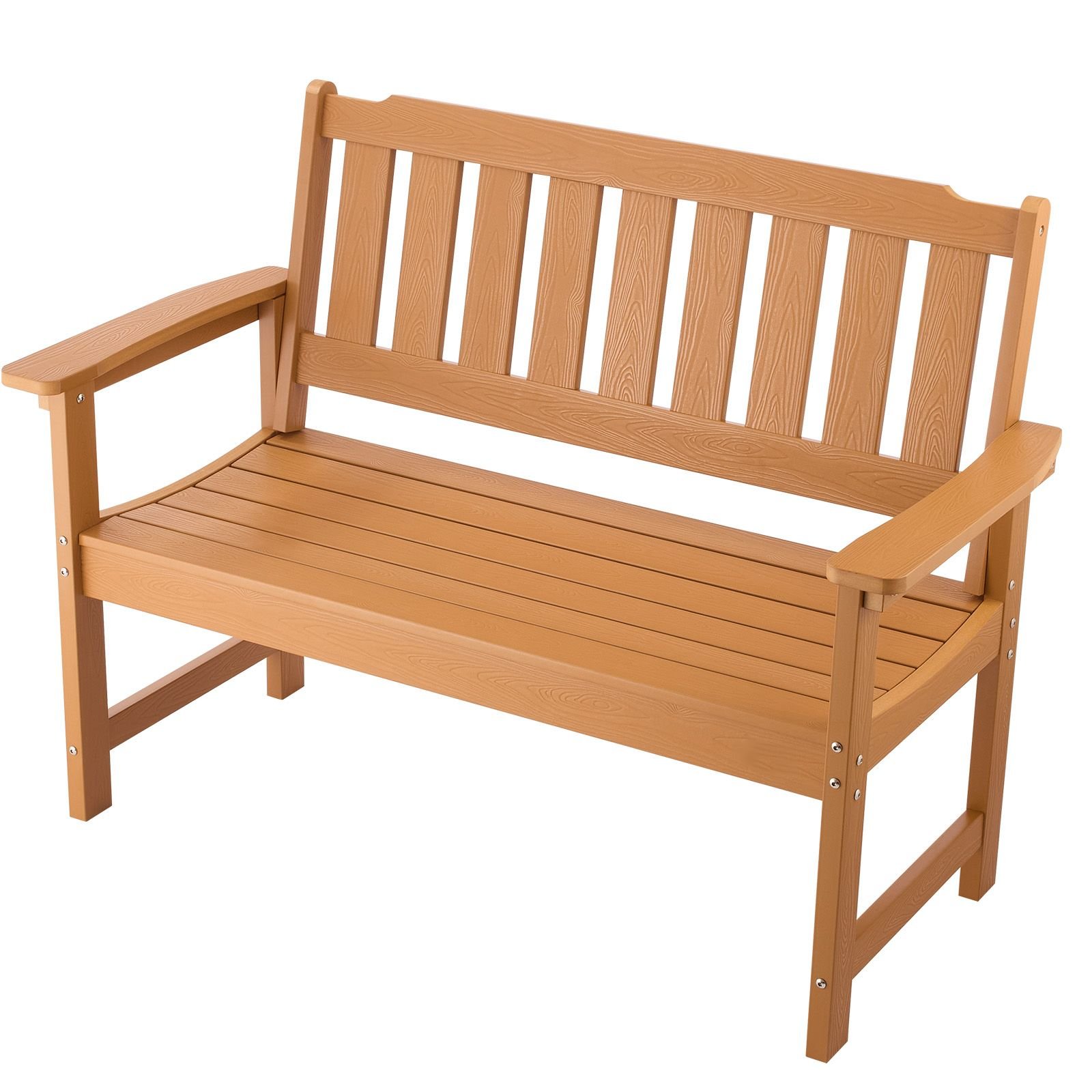 outdoor bench, 50.5 inch, 800 lbs weight capacity for 2 3 persons, weatherproof plastic frame with backrest and wide armrests, outside bench for patio, garden, park, yard, natural wood color