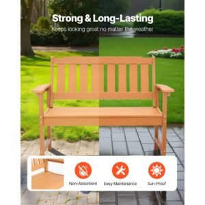 outdoor bench, 50.5 inch, 800 lbs weight capacity for 2 3 persons, weatherproof plastic frame with backrest and wide armrests, outside bench for patio, garden, park, yard, natural wood color