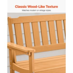 outdoor bench, 50.5 inch, 800 lbs weight capacity for 2 3 persons, weatherproof plastic frame with backrest and wide armrests, outside bench for patio, garden, park, yard, natural wood color