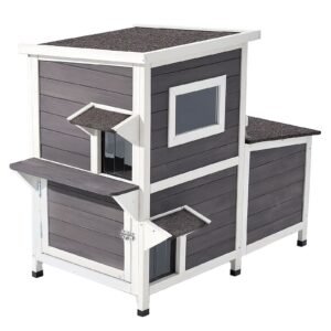 Outdoor Cat House, 2-Story Wooden Cat Shelter for 3 Outside Cats in Winter, Elevated Feral Kitty Shelter with Stairs, Clear Window & Flap Doors, Waterproof Cats Condos for Garden 42 × 25 × 34 in