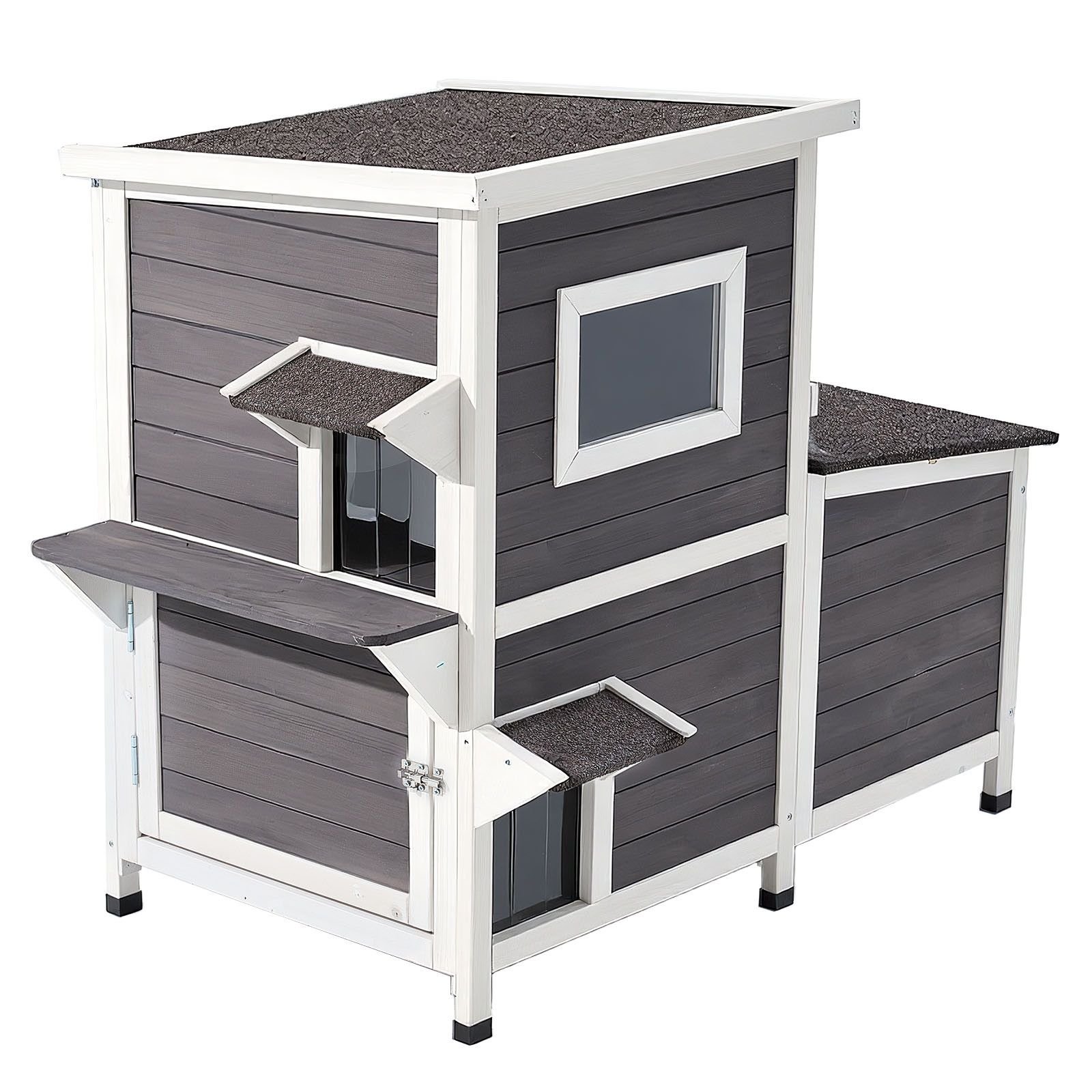 outdoor cat house, 2 story wooden cat shelter for 3 outside cats in winter, elevated feral kitty shelter with stairs, clear window & flap doors, waterproof cats condos for garden 42 × 25 × 34 in