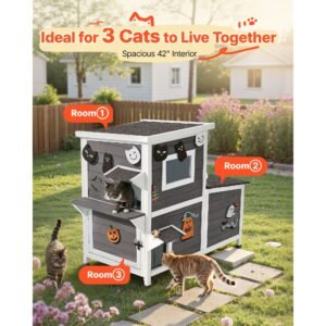 outdoor cat house, 2 story wooden cat shelter for 3 outside cats in winter, elevated feral kitty shelter with stairs, clear window & flap doors, waterproof cats condos for garden 42 × 25 × 34 in