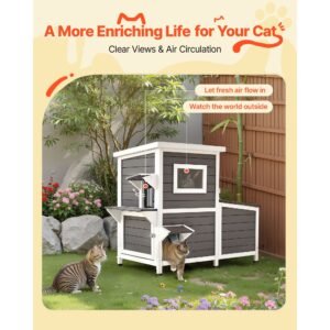 outdoor cat house, 2 story wooden cat shelter for 3 outside cats in winter, elevated feral kitty shelter with stairs, clear window & flap doors, waterproof cats condos for garden 42 × 25 × 34 in