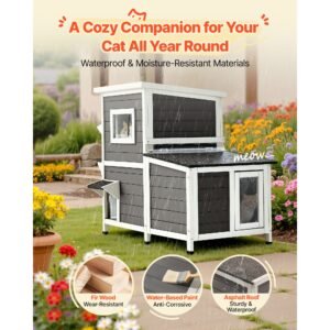 outdoor cat house, 2 story wooden cat shelter for 3 outside cats in winter, elevated feral kitty shelter with stairs, clear window & flap doors, waterproof cats condos for garden 42 × 25 × 34 in