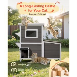 outdoor cat house, 2 story wooden cat shelter for 3 outside cats in winter, elevated feral kitty shelter with stairs, clear window & flap doors, waterproof cats condos for garden 42 × 25 × 34 in