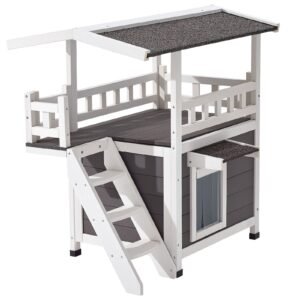 Outdoor Cat House, 2-Story Wooden Cat Shelter with Stairs & Balcony, Elevated Feral Kitty Shelter, Spacious Room, Waterproof Cats Condos for Indoor & Outdoor Cats in Winter 30 x 22 x 30 in