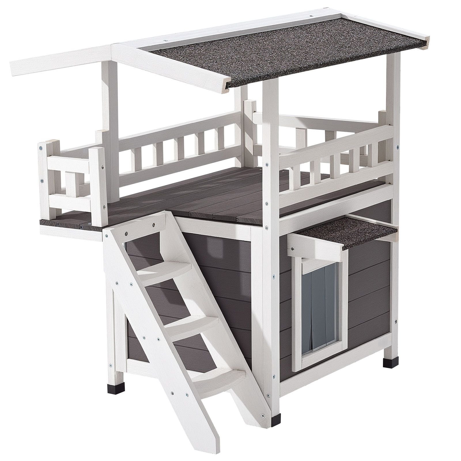 outdoor cat house, 2 story wooden cat shelter with stairs & balcony, elevated feral kitty shelter, spacious room, waterproof cats condos for indoor & outdoor cats in winter 30 x 22 x 30 in