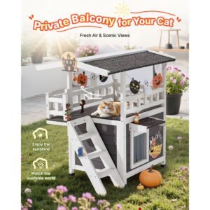 outdoor cat house, 2 story wooden cat shelter with stairs & balcony, elevated feral kitty shelter, spacious room, waterproof cats condos for indoor & outdoor cats in winter 30 x 22 x 30 in