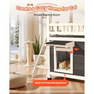 outdoor cat house, 2 story wooden cat shelter with stairs & balcony, elevated feral kitty shelter, spacious room, waterproof cats condos for indoor & outdoor cats in winter 30 x 22 x 30 in