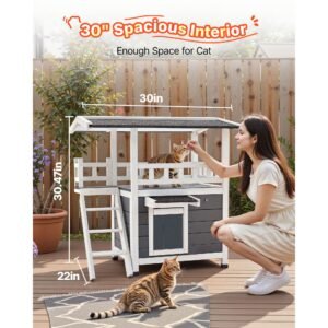 outdoor cat house, 2 story wooden cat shelter with stairs & balcony, elevated feral kitty shelter, spacious room, waterproof cats condos for indoor & outdoor cats in winter 30 x 22 x 30 in