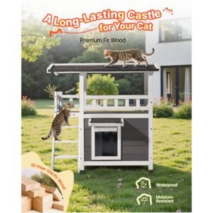 outdoor cat house, 2 story wooden cat shelter with stairs & balcony, elevated feral kitty shelter, spacious room, waterproof cats condos for indoor & outdoor cats in winter 30 x 22 x 30 in