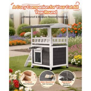 outdoor cat house, 2 story wooden cat shelter with stairs & balcony, elevated feral kitty shelter, spacious room, waterproof cats condos for indoor & outdoor cats in winter 30 x 22 x 30 in