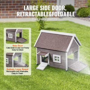 outdoor cat house weatherproof, feral cat shelter for multiple cats, outdoor wooden cat house with large side door, pvc door flaps, open roof, clear window, 22"l x 30"w x 26"h