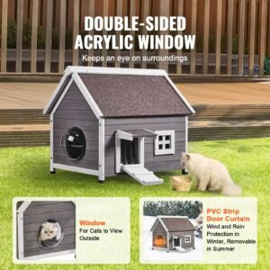outdoor cat house weatherproof, feral cat shelter for multiple cats, outdoor wooden cat house with large side door, pvc door flaps, open roof, clear window, 22"l x 30"w x 26"h