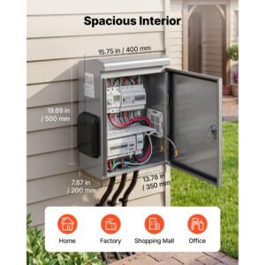 outdoor electrical box, 20 x 16 x 8 in, stainless steel ventilated electrical enclosure with thermostat and fan, rain hood, hinge connection, ip65 waterproof junction box, wall/pole mounted,
