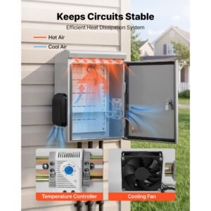 outdoor electrical box, 20 x 16 x 8 in, stainless steel ventilated electrical enclosure with thermostat and fan, rain hood, hinge connection, ip65 waterproof junction box, wall/pole mounted,