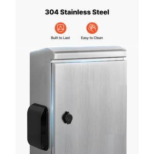 outdoor electrical box, 20 x 16 x 8 in, stainless steel ventilated electrical enclosure with thermostat and fan, rain hood, hinge connection, ip65 waterproof junction box, wall/pole mounted,
