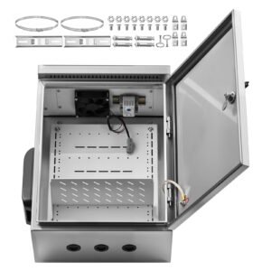 Outdoor Electrical Box, 20 x 16 x 8 in, Stainless Steel Ventilated Electrical Enclosure with Thermostat and Fan, Rain Hood, Hinge Connection, IP65 Waterproof Junction Box, Wall/Pole Mounted,