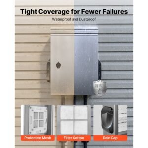 outdoor electrical box, 20 x 16 x 8 in, stainless steel ventilated electrical enclosure with thermostat and fan, rain hood, hinge connection, ip65 waterproof junction box, wall/pole mounted,