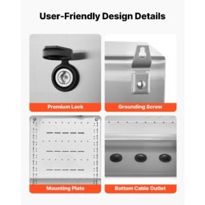 outdoor electrical box, 20 x 16 x 8 in, stainless steel ventilated electrical enclosure with thermostat and fan, rain hood, hinge connection, ip65 waterproof junction box, wall/pole mounted,