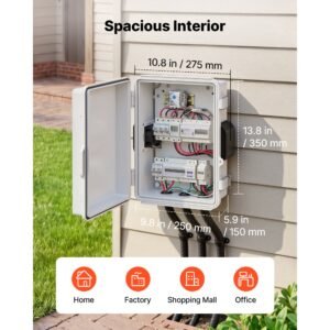 outdoor electrical box, abs, waterproof electrical junction box with thermostat and fan, mounting plate, cable grommets, ventilated plastic enclosure, 14.2 x 10.8 x 5.9 in, ip65 for indoor/outdoor