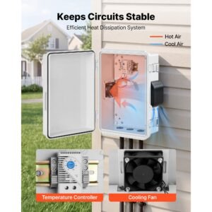outdoor electrical box, abs, waterproof electrical junction box with thermostat and fan, mounting plate, cable grommets, ventilated plastic enclosure, 14.2 x 10.8 x 5.9 in, ip65 for indoor/outdoor
