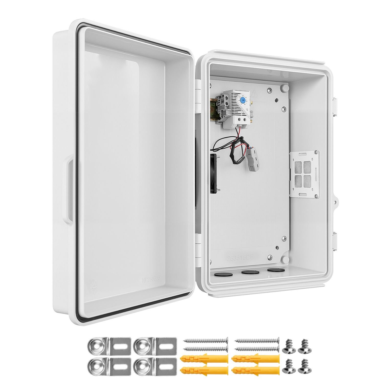 outdoor electrical box, abs, waterproof electrical junction box with thermostat and fan, mounting plate, cable grommets, ventilated plastic enclosure, 14.2 x 10.8 x 5.9 in, ip65 for indoor/outdoor