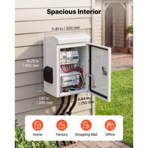 outdoor electrical box, cold rolled steel, electrical junction box with thermostat and fan, rain hood, ventilated design, ip65 waterproof hinged enclosure, wall/pole mounted, 16 x 12 x 8 in