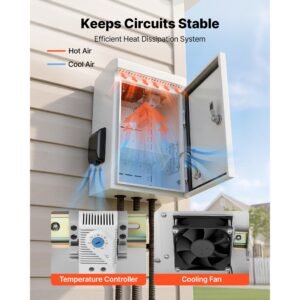 outdoor electrical box, cold rolled steel, electrical junction box with thermostat and fan, rain hood, ventilated design, ip65 waterproof hinged enclosure, wall/pole mounted, 16 x 12 x 8 in