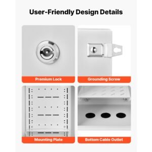 outdoor electrical box, cold rolled steel, electrical junction box with thermostat and fan, rain hood, ventilated design, ip65 waterproof hinged enclosure, wall/pole mounted, 16 x 12 x 8 in