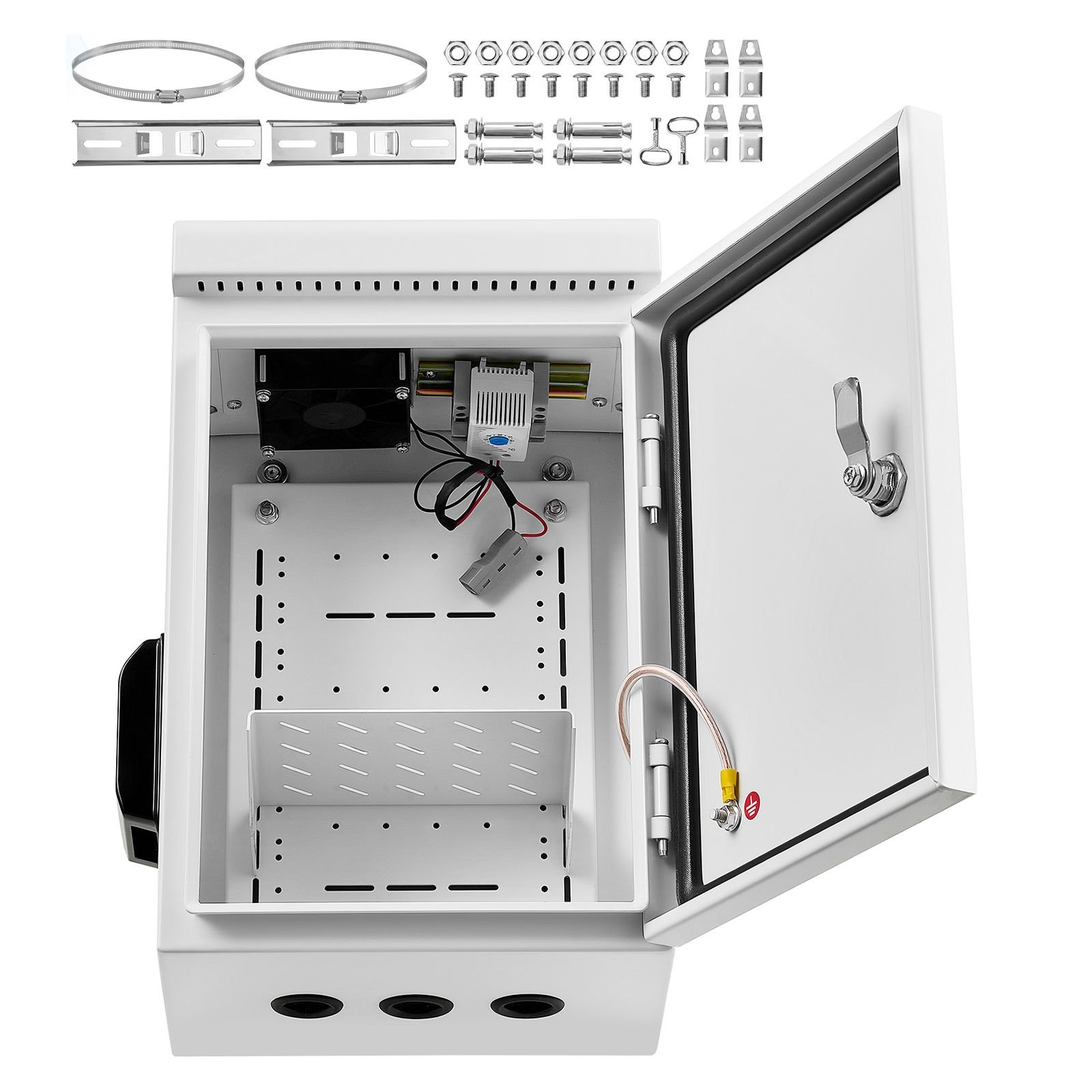 outdoor electrical box, cold rolled steel, electrical junction box with thermostat and fan, rain hood, ventilated design, ip65 waterproof hinged enclosure, wall/pole mounted, 16 x 12 x 8 in