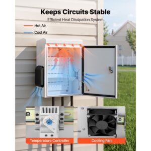 outdoor electrical box, cold rolled steel, electrical junction box with thermostat and fan, rain hood, ventilated design, ip65 waterproof hinged enclosure, wall/pole mounted, 20 x 16 x 8 in