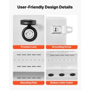 outdoor electrical box, cold rolled steel, electrical junction box with thermostat and fan, rain hood, ventilated design, ip65 waterproof hinged enclosure, wall/pole mounted, 20 x 16 x 8 in