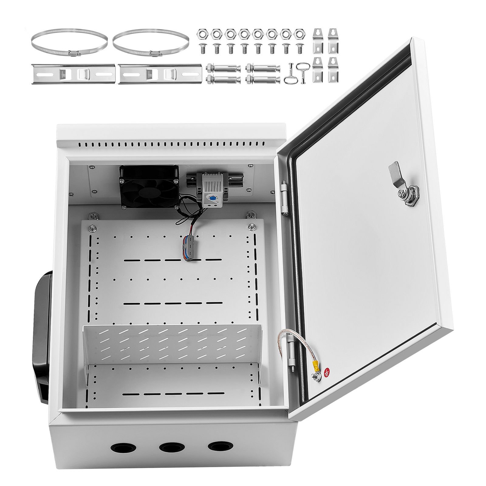 outdoor electrical box, cold rolled steel, electrical junction box with thermostat and fan, rain hood, ventilated design, ip65 waterproof hinged enclosure, wall/pole mounted, 20 x 16 x 8 in