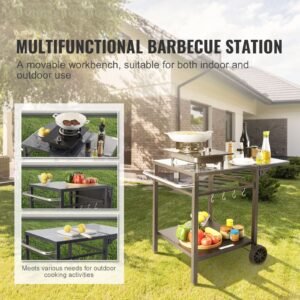 outdoor grill dining cart with double shelf, bbq movable food prep table, multifunctional foldable iron table top, portable modular carts for pizza oven, worktable with 2 wheels, carry handle