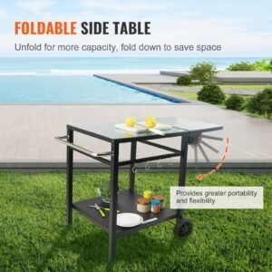 outdoor grill dining cart with double shelf, bbq movable food prep table, multifunctional foldable iron table top, portable modular carts for pizza oven, worktable with 2 wheels, carry handle