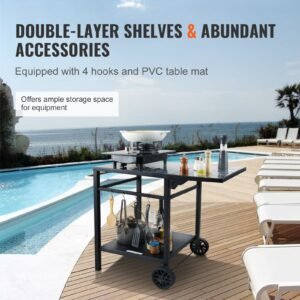 outdoor grill dining cart with double shelf, bbq movable food prep table, multifunctional foldable iron table top, portable modular carts for pizza oven, worktable with 2 wheels, carry handle