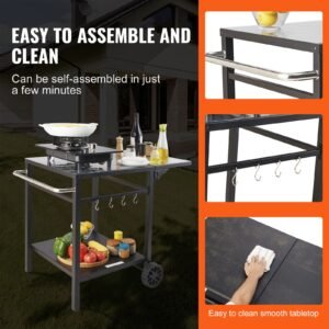 outdoor grill dining cart with double shelf, bbq movable food prep table, multifunctional foldable iron table top, portable modular carts for pizza oven, worktable with 2 wheels, carry handle