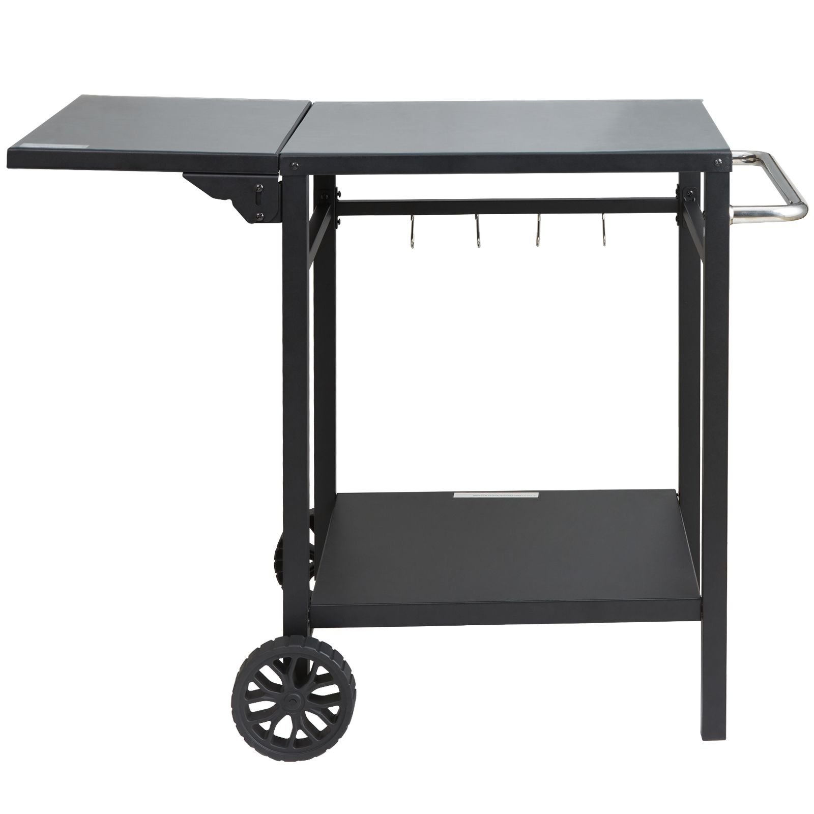 outdoor grill dining cart with double shelf, bbq movable food prep table, multifunctional foldable iron table top, portable modular carts for pizza oven, worktable with 2 wheels, carry handle