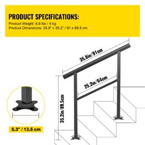 outdoor handrail 165lbs load handrail outdoor stairs aluminum stair handrail 36 x 35" outdoor stair railing transitional range from 0 to 30° staircase handrail fits 2 3 steps with screw kit