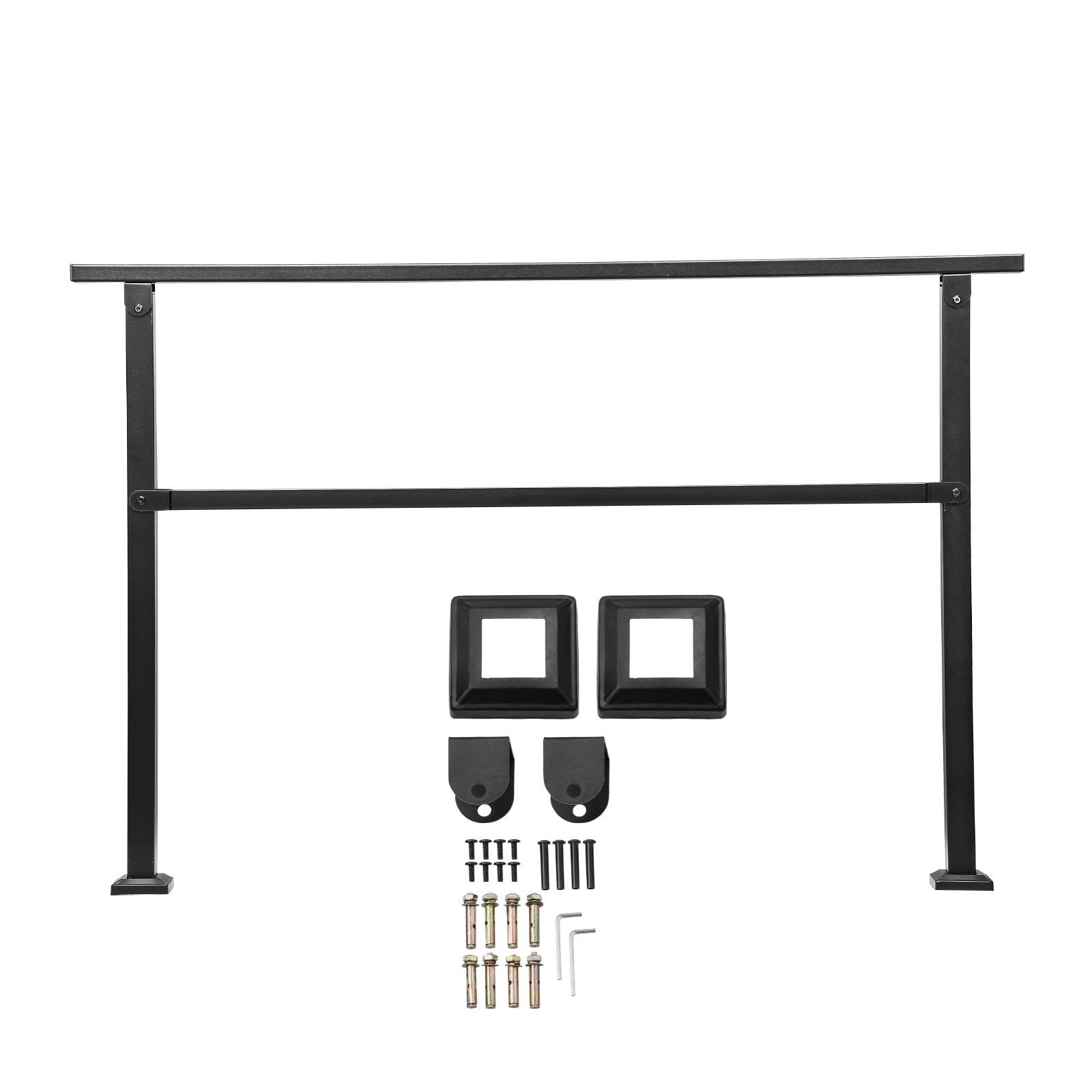 outdoor handrails for steps, 4 5 step stair rail kit, black square tube with horizontal bar, carbon steel support rails for seniors, concrete & deck stairs, easy installation