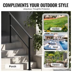outdoor handrails for steps, 4 5 step stair rail kit, black square tube with horizontal bar, carbon steel support rails for seniors, concrete & deck stairs, easy installation
