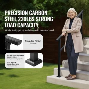 outdoor handrails for steps, 4 5 step stair rail kit, black square tube with horizontal bar, carbon steel support rails for seniors, concrete & deck stairs, easy installation