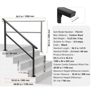 outdoor handrails for steps, 4 5 step stair rail kit, black square tube with horizontal bar, carbon steel support rails for seniors, concrete & deck stairs, easy installation
