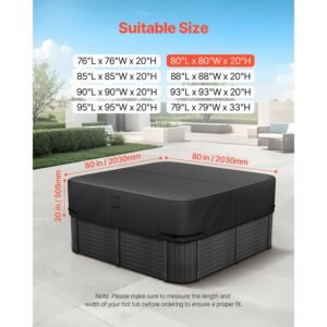 outdoor hot tub cover, 80 x 80 x 20 inch weatherproof and waterproof hot tub cover protector, 600d heavy duty oxford fabric and 950n tearing strength, square spa covers for hottub, black
