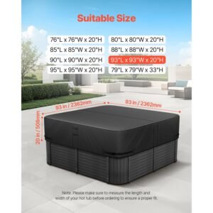 outdoor hot tub cover, 93 x 93 x 20 inch weatherproof and waterproof hot tub cover protector, 600d heavy duty oxford fabric and 950n tearing strength, square spa covers for hottub, black