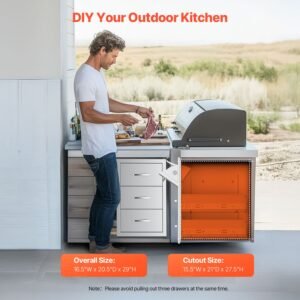 outdoor kitchen drawers, 16.5"w x 29"h x 20.5"d triple access drawers, stainless steel flush mount cabinets, bbq island drawers storage with paper towel holder & handle, for patio grill station